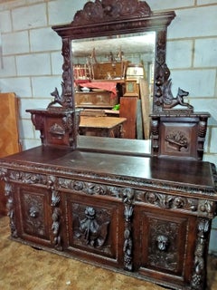 Antique 19th Century Victorian Carved Oak Mirror-Back Sideboard