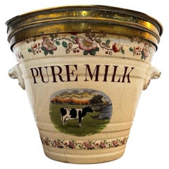 Rare Antique Late Victorian Ironstone Dairy Milk Pail with Patented Brass Cover