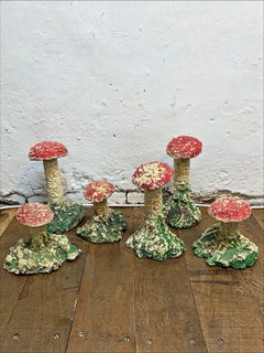 Set of Six French 1950s Folk Art Composite Stone Mushrooms