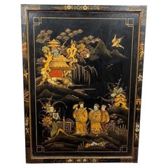 Antique Black Lacquer Chinoiserie Decorative Panel with Gilt Figures