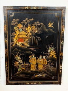 Antique Black Lacquer Chinoiserie Decorative Panel with Gilt Figures