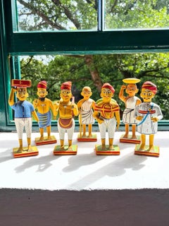 Antique Set of Seven Traditional Indian Hand-Painted Kondapalli Wooden Figures