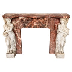 Monumental Rouge Marble Fireplace with Carved White Marble Caryatid Maidens