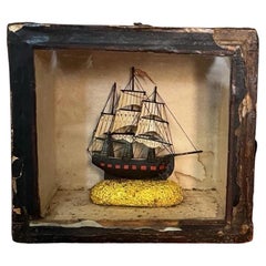 Early 19th Century Folk Art Painted Ship Diorama in Original Display Case