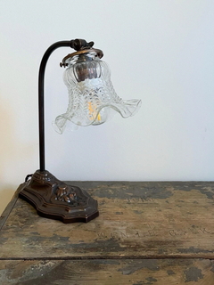 Art Nouveau Brass and Copper Adjustable Table Lamp with Ribbed Glass Shade