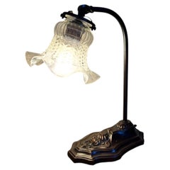Art Nouveau Brass and Copper Adjustable Table Lamp with Ribbed Glass Shade