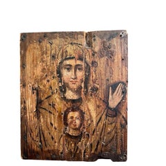 Antique 17th Century Orthodox Religious Icon Painted on Wooden Panel Madonna