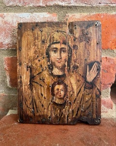 Antique 17th Century Orthodox Religious Icon Painted on Wooden Panel Madonna