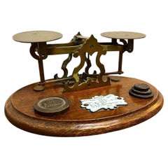 Antique Brass Postal Balance Scales with Enamel Rate Plaque and GPO Weights