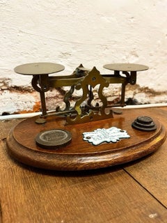Antique Brass Postal Balance Scales with Enamel Rate Plaque and GPO Weights