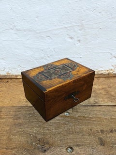 Antique Victorian Hand-Painted Wooden Money Box with Original Key