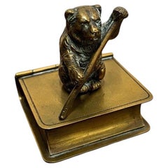 Antique Victorian Brass Novelty Stamp Box with Bear Finial, circa 1900