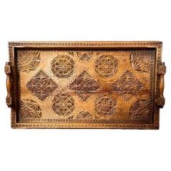 Large Antique Hand-Carved Folk Art Wooden Serving Tray