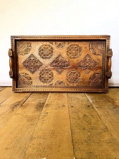 Large Antique Hand-Carved Folk Art Wooden Serving Tray
