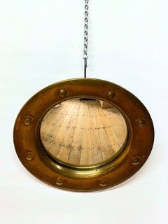 Original Mid Century English Brass Convex Maritime Porthole Mirror