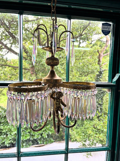 Antique French Three-Arm Chandelier with Cherubs and Glass Crystals c. 1925