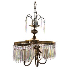 Antique French Three-Arm Chandelier with Cherubs and Glass Crystals c. 1925