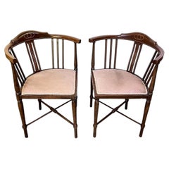 Antique Pair of Edwardian Inlaid Mahogany Sheraton Revival Corner Chairs