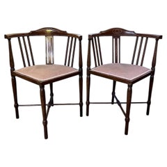 Antique Pair of Edwardian Inlaid Mahogany Sheraton Revival Corner Chairs