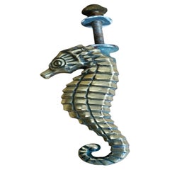 Antique Edwardian British Brass Seahorse Door Knocker, Early 1900s