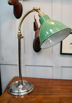 Antique Brass and Green Enamel Gooseneck Reading Lamp, circa 1920