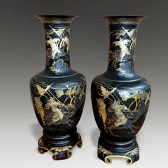 Antique Pair of Japanese Meiji Maki-e Lacquer Vases