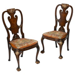 Antique Pair of George II Burr Walnut and Gilt Tapestry Chairs