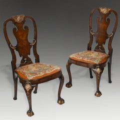 Antique Pair of George II Burr Walnut and Gilt Tapestry Chairs