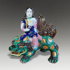 Antique Japanese Meiji Kutani Guanyin on Shishi Figure