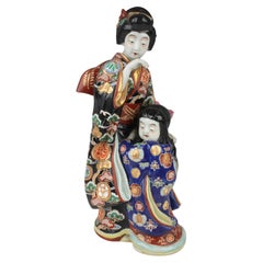 Antique Japanese Meiji Enamelled Kutani Porcelain Bijin and Child Figure