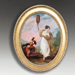 Cuadro al óleo antiguo de la Escuela de Angelica Kauffman que representa a unos viajeros, de principios del siglo XIX