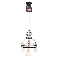 Large Art Nouveau Copper and Wrought Iron Three-Light Pulley Lamp, circa 1900