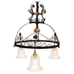 Large Art Nouveau Copper and Wrought Iron Three-Light Pulley Lamp, circa 1900