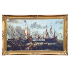 E. Ponthier Large Maritme Anglo-Dutch Naval Battle Oil on Canvas Painting