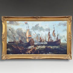 E. Ponthier Large Maritme Anglo-Dutch Naval Battle Oil on Canvas Painting
