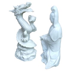 Antique Pair of Chinese Blanc de Chine Guan Yin and Dragon Porcelain Figures