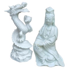 Antique Pair of Chinese Blanc de Chine Guan Yin and Dragon Porcelain Figures