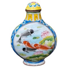 Antique Chinese Qianlong Canton Enamel Snuff Bottle with Koi Carp
