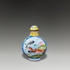 Antique Chinese Qianlong Canton Enamel Snuff Bottle with Koi Carp