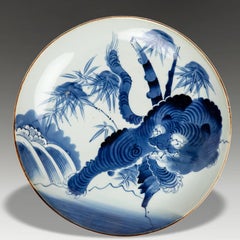 Antique Japanese Edo Period Arita Porcelain Charger with Tiger and Bamboo