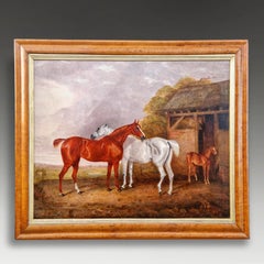 R.W. Folkard: Britisches Reitsport-Ölgemälde mit Pferden und einem Fohlen, 1834
