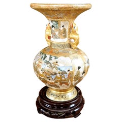 Antique Japanese Meiji Period Signed Satsuma Porcelain Vase with Stand