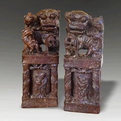 Pair of Chinese Qing Dynasty Carved Soapstone Buddhist Lion Seals, circa 1820