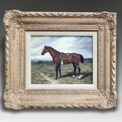 C. Harrison, dipinto a olio a impasto di metà del XX secolo raffigurante un cavallo baio