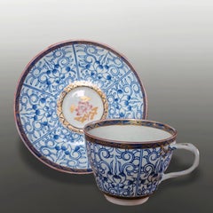 Antique First Period Dr Wall Worcester Lily Pattern Cup and Saucer, circa 1770