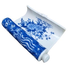 Antique Japanese Seto Blue and White Porcelain Scroll-Form Brush Holder
