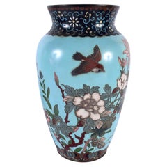 Large Antique Japanese Meiji Cloisonné Vase with Birds and Butterflies