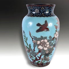 Large Antique Japanese Meiji Cloisonné Vase with Birds and Butterflies