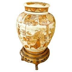Antique Japanese Meiji Satsuma Lidded Vase with Matching Stand, 19th Century