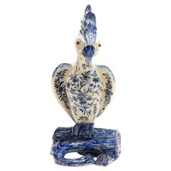 Large Antique Early 19th Century Blue and White Tin-Glazed Faience Parrot Figure